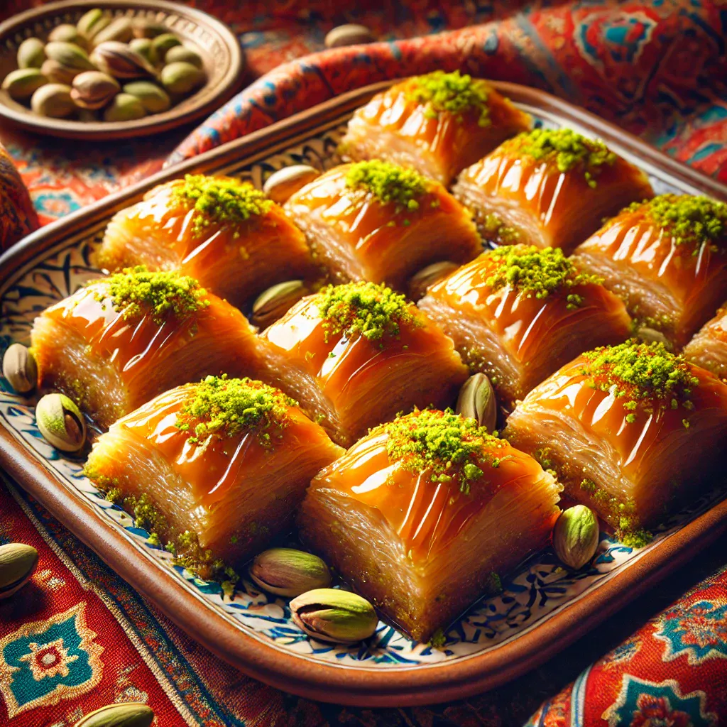 DALL·E 2025-01-14 20.37.30 – A visually stunning and professional image showcasing Turkish baklava. Highlight golden, flaky layers of phyllo dough with a glossy, honeyed surface,